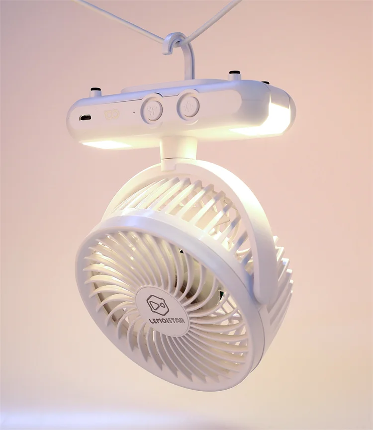 Lemoistar outdoor home rechargeable battery usb tent stand fan with a hanging hook portable 4000mah camping fan with led light