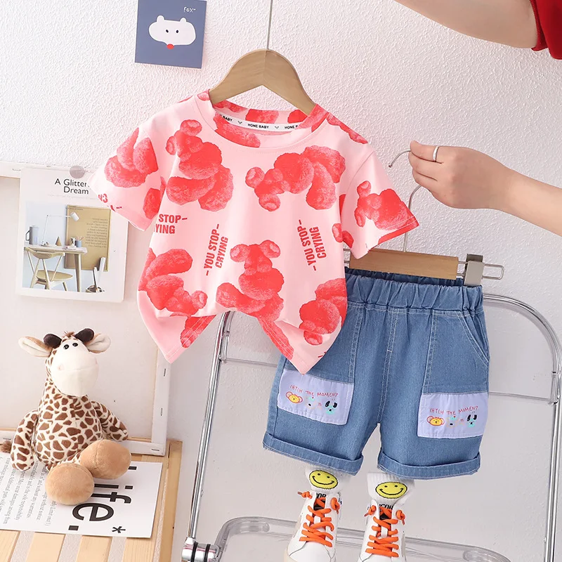 Джинсовый костюм с круглым вырезом и коротким рукавом для мальчиков