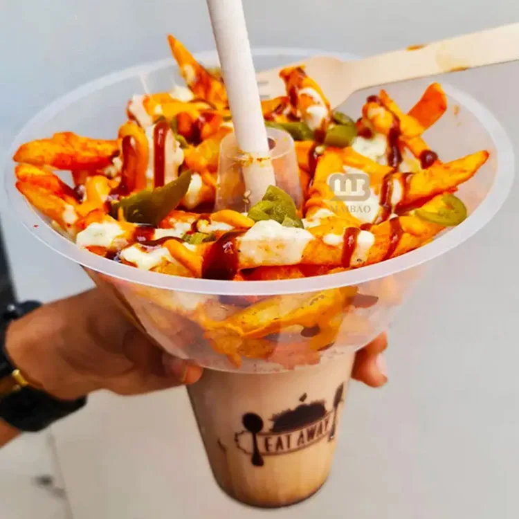 Custom Food Package Takeout PP PET Snack And Drink Cup Plastic Freyo Tower Tray Disposable Bubble Tea Drink Cup With Snack Bowl