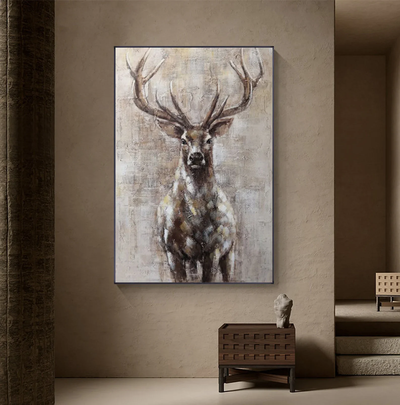 Hand-painted Stag Canvas Wall Art, Large Abstract Deer Oil Painting on Canvas,Modern Animal Painting for Living Room, Home Décor