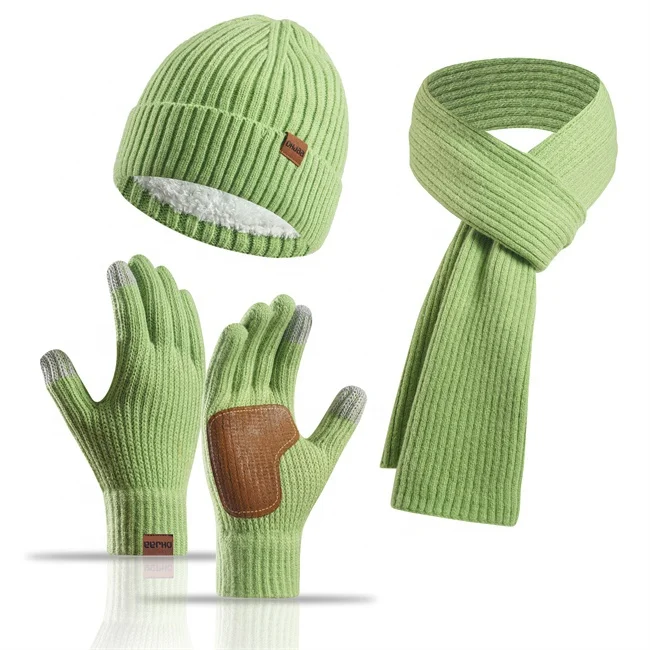 Top Quality Winter Warm Knit Beanie Hat Touchscreen Nonslip Gloves Long Neck Scarf Set with Fleece Lined Skull Cap for Women Men