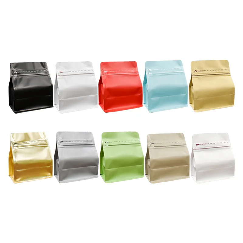 Matte Flat Bottom Gusset Custom Printed Packaging Stand Up Coffee Bags With Valve And Zipper