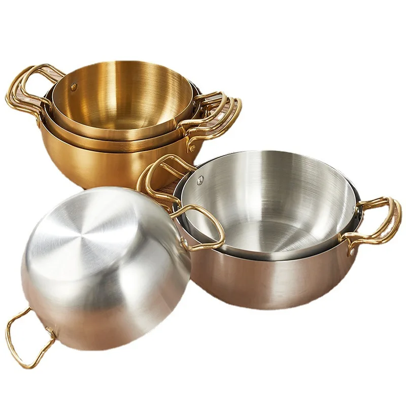High Quality Instant Korean Style Stainless Steel Single/Double Ear Golden Seafood Ramen Pot