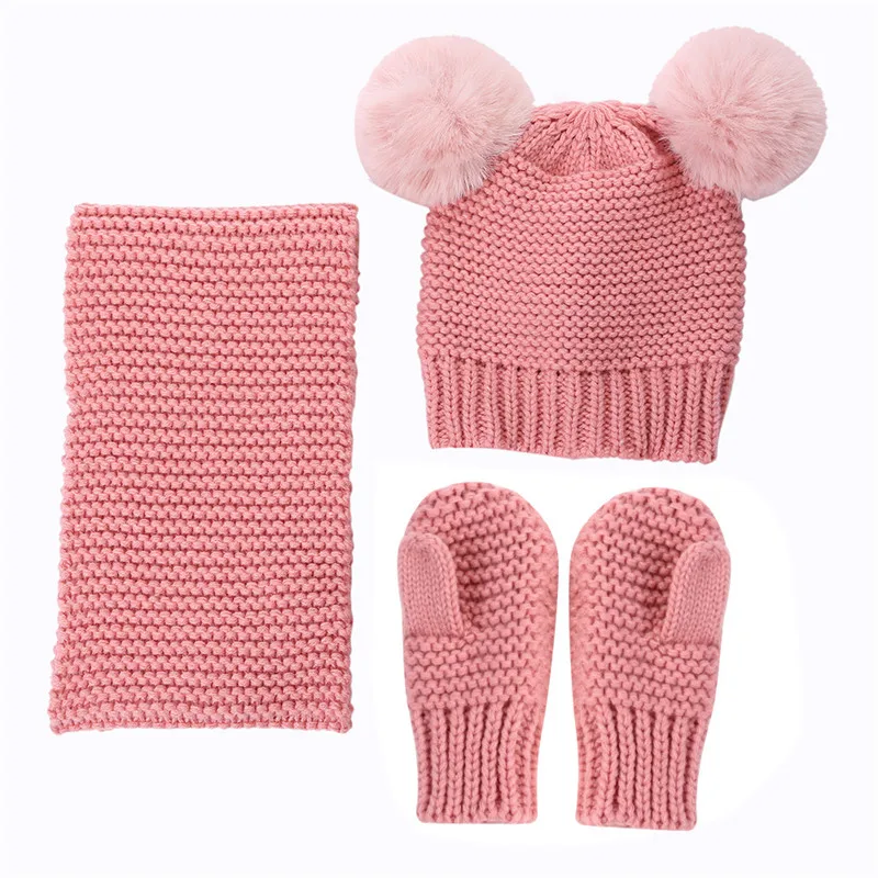Acrylic Stripe Knit Bobble Hat Beanie Scarf and Glove Sets Cheap Girls Boys Children Kids Plain Custom Winter Spring