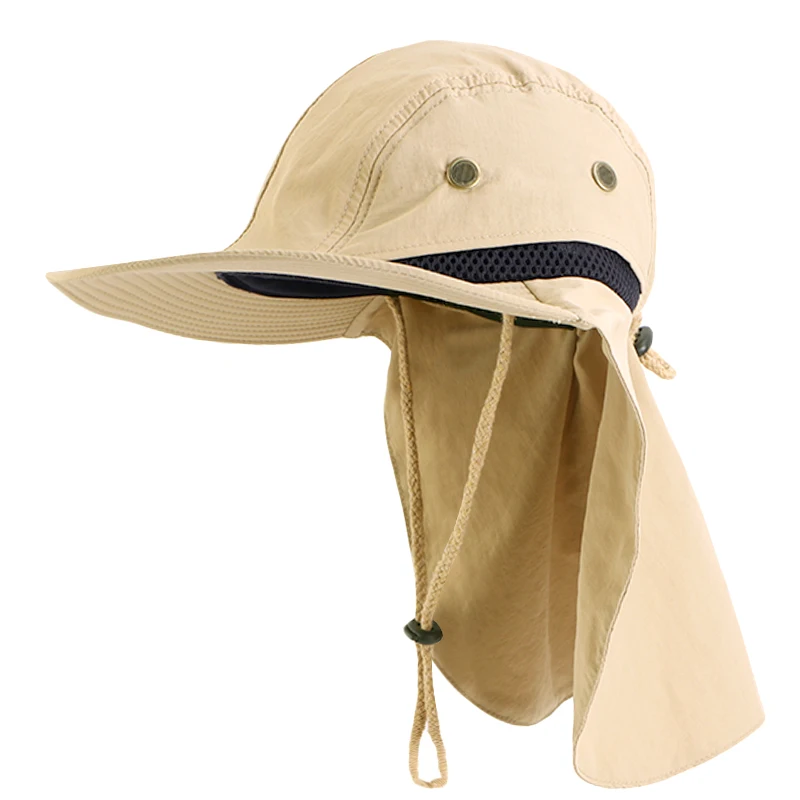 Wholesale Custom Logo Outdoor Summer NYLON POLYESTER UPF50+ Sun Bucket Wide Brim Mesh Fishing Hat With Neck Flap For Women Men