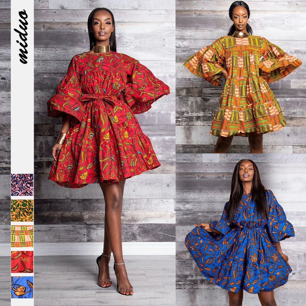 Hot Sale African elegant sexy ladies Large swing skirt with lotus sleeves belt women summer loose african dashiki shirt