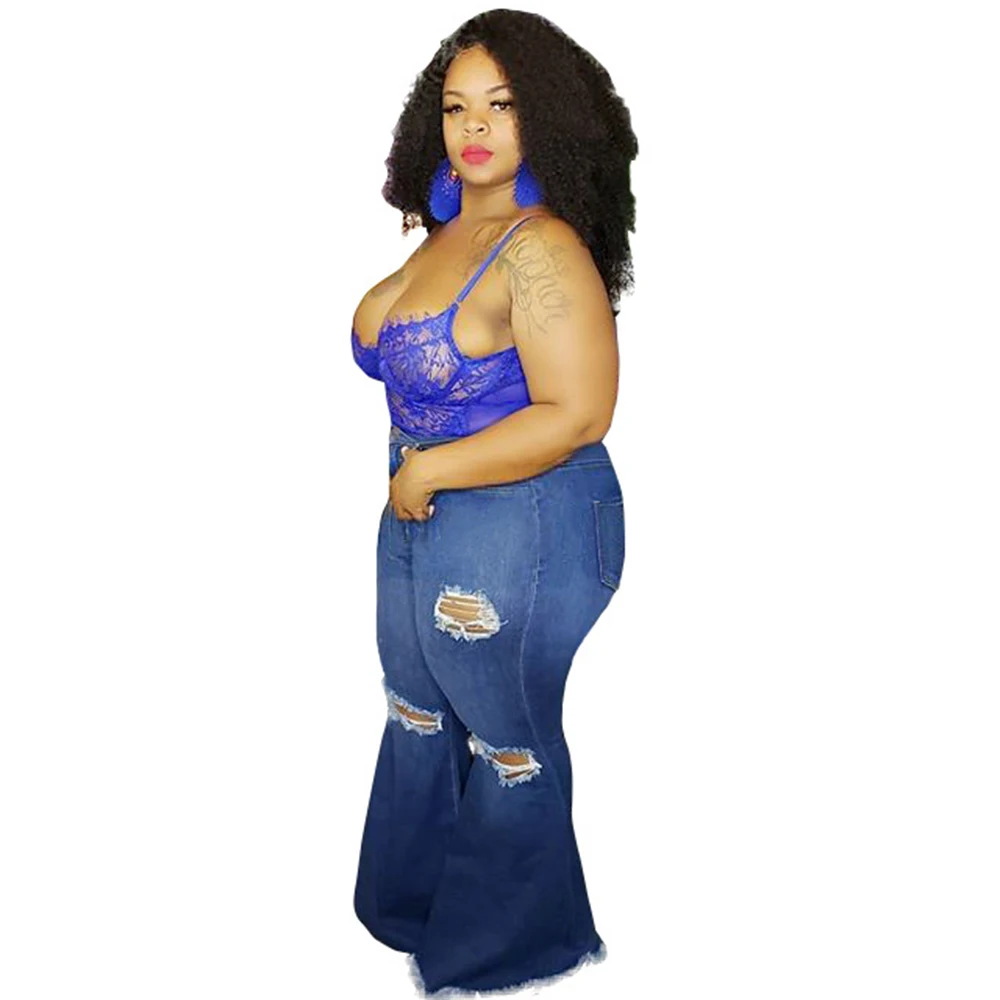 
Fashion plus size High waist stretch butt lifting distressed knee hole denim baggy wide leg flare jeans pants 