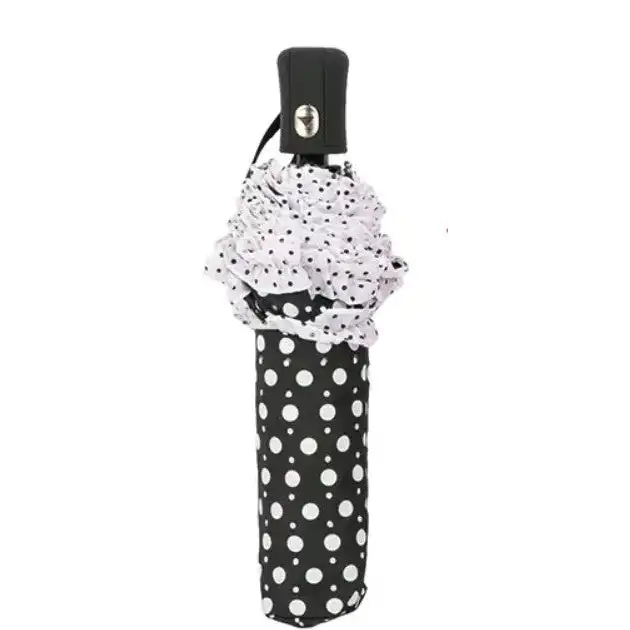 LOTUS 3 Folding Sun And Rain Umbrella Custom Logo Tag Black Polka Dot Umbrella