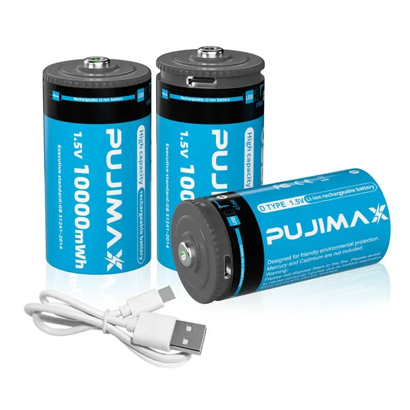 PUJIMAX 1.5V Constant Voltage Lithium Ion Batteries Type C Rechargeable Batteries D Type 1.5V Li-ion Battery With USB Cable