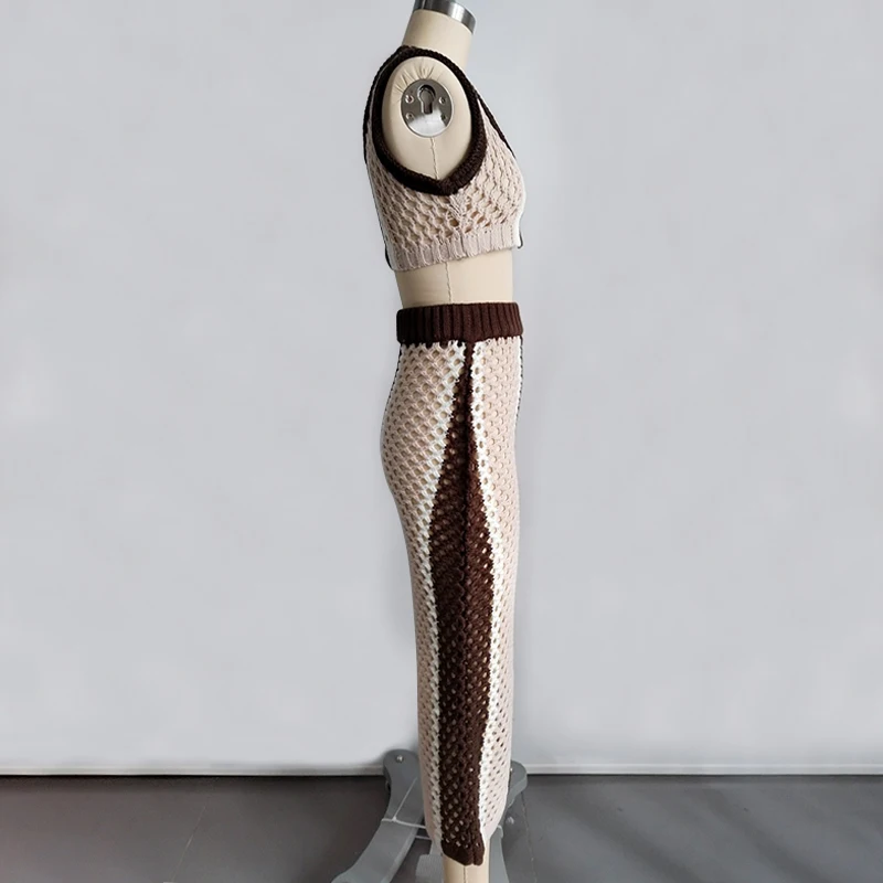 Factory Two Piece Set Women Clothing Hollow Out Skirts Sets For Women Sleeveless Knit Women 2 Pieces Sets