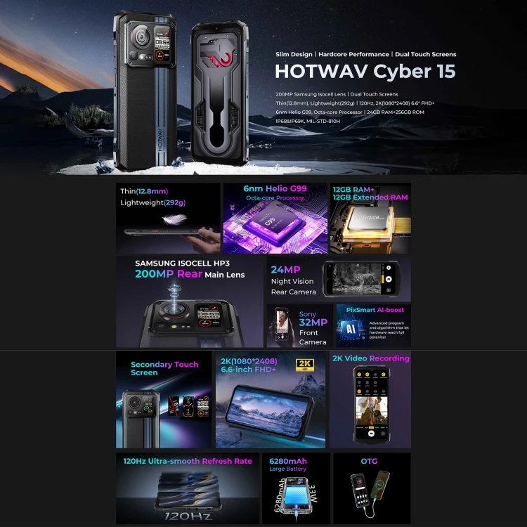 HOTWAV Cyber 15 12 ГБ + 256 IP68/IP69K прочный телефон 6 дюймов Android 13 MediaTek MT6789 Helio G99 Octa Core Сеть: 4G NFC OTG