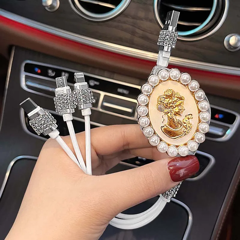 Crystal Heart Shape 3 in 1 USB Data Cable Mobile Phone Fast Charge Girls Gift Cute Fast Charging Cable