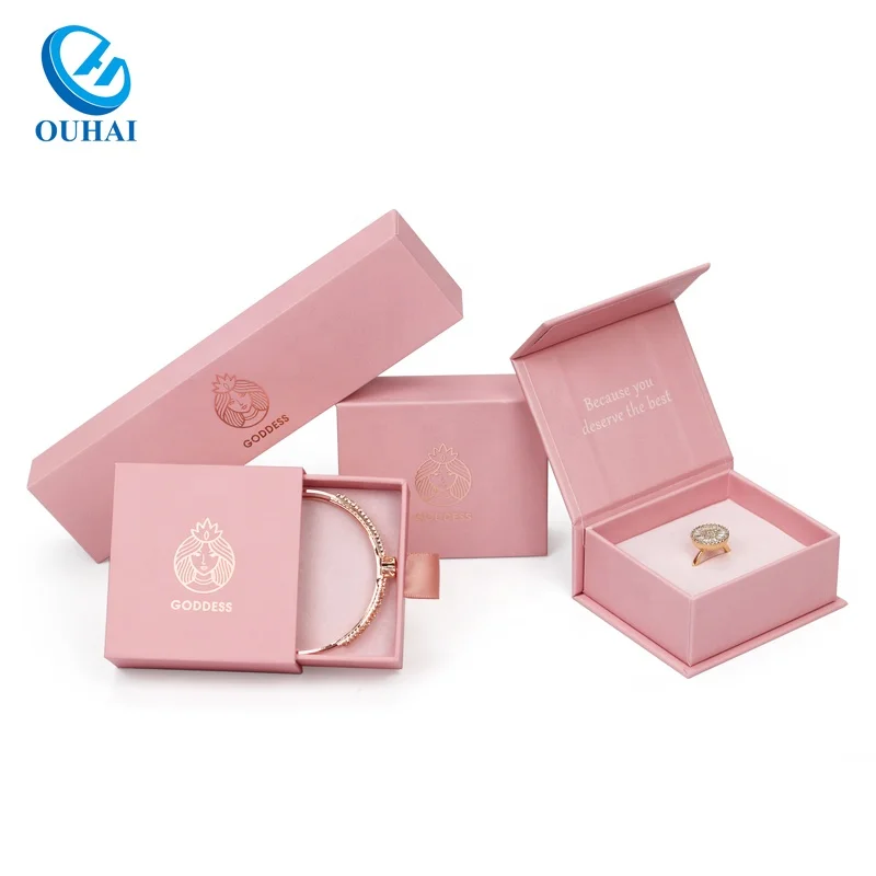 Jeweller Paper Package Luxury Pink Cardboard Earring Bracelet Necklace Ring Drawer Box Jewelry Custom Packaging Box with Logo