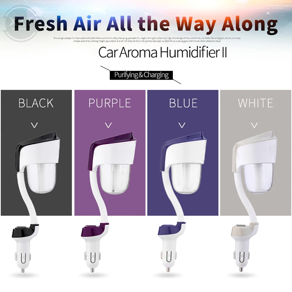 12V Car Air Humidifier Car Air Freshener Purifier Aroma Oil Diffuser Aromatherapy Mist Fogger with 2 USB Car Charger Ports