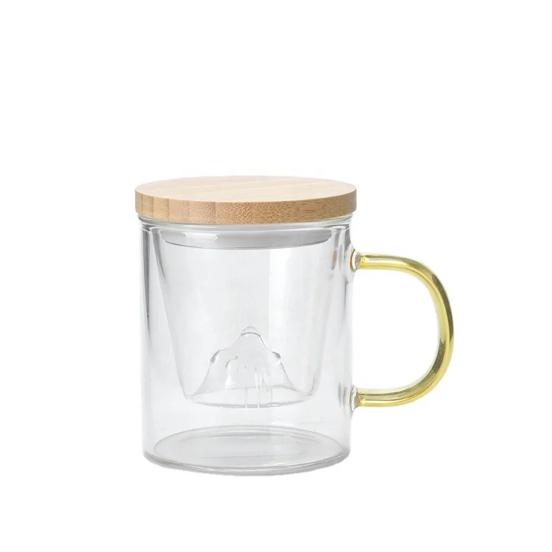 borosilicate double wall glass tea cup with bamboo cover 300ml