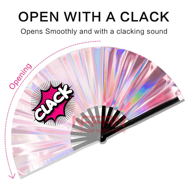 Hot sale Clack Rave Folding Hand Fan Iridescent Holographic Fabric Strong Bamboo ribs for Festivals or Parties