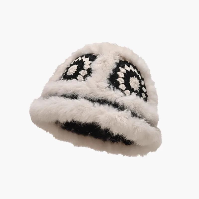 Women Ladies Fuzzy Plush Black White Pattern Knit Hollow Out Handmade Rabbit Fur Crochet Bucket Hat Patchwork Knitted Winter Hat