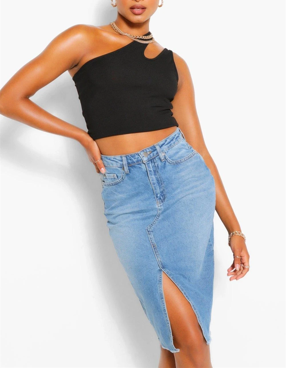 Wholesale custom split straight knee length bodycon female blue high waist women fall long denim midi jean skirts for ladies