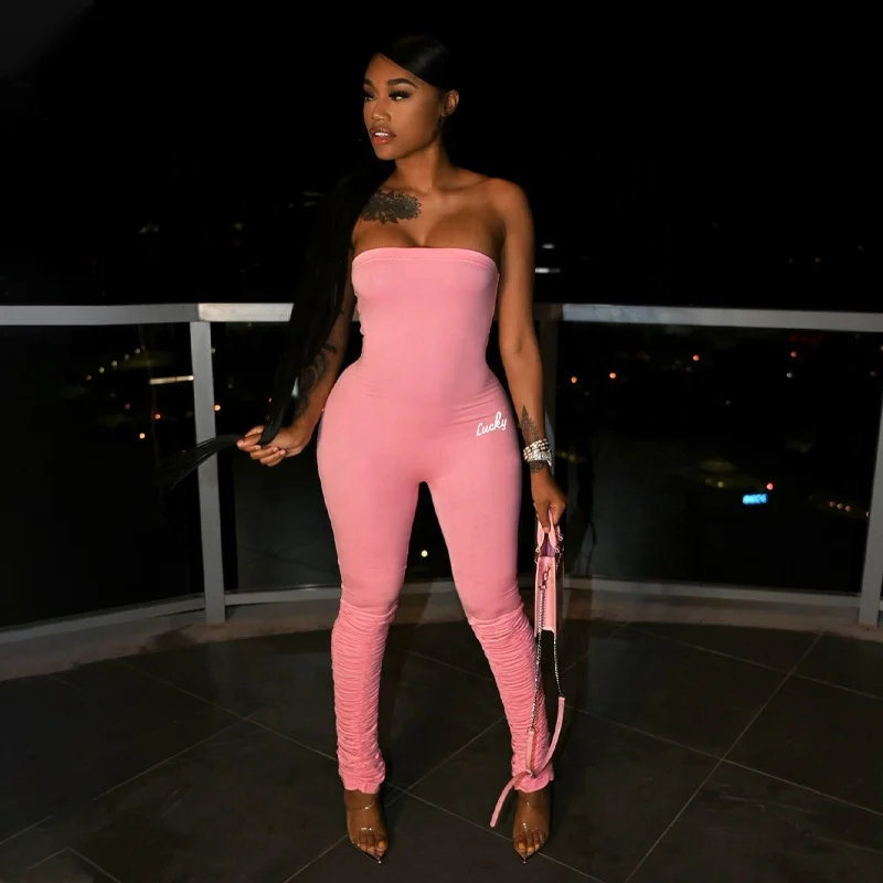 KX-P155245W 2021 New style brown letter printed solid strapless jumpsuit for women pleated high elastic 1 piece jumpsuit women