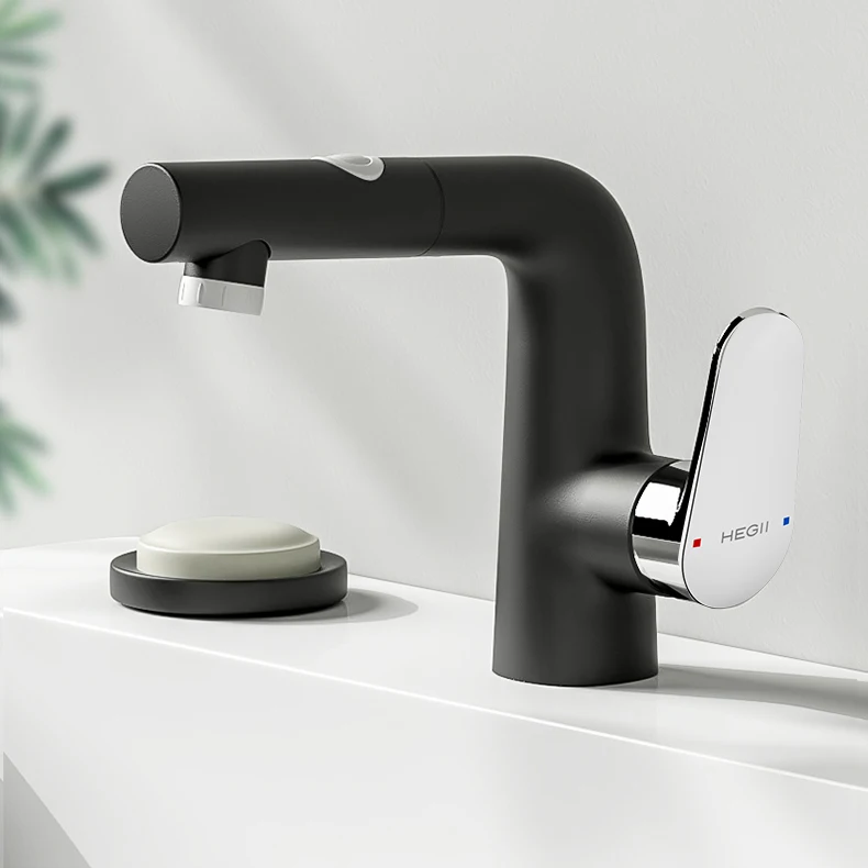 HEGII high end modern pull-out design brass pull out faucet hot cold water mixer tap bathroom matte black basin faucet