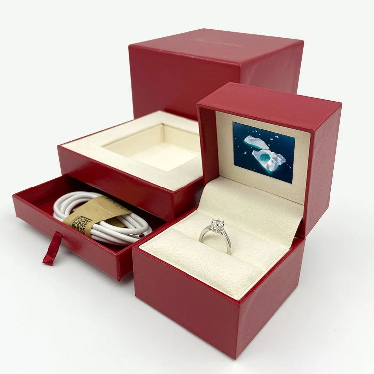Luxury Design Black Red Velvet Pu Leather Ring Watch Jewelry Set Gift Box Lcd Vido Mp4 Packaging Custom Logo