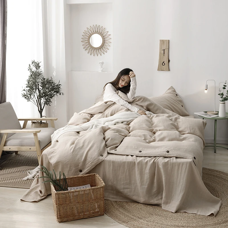 4 Pcs Linen Bedding Set Comforter Home European Style Natural Duvet Cover Bed sheet Flax Textile Quilt Bedsheets