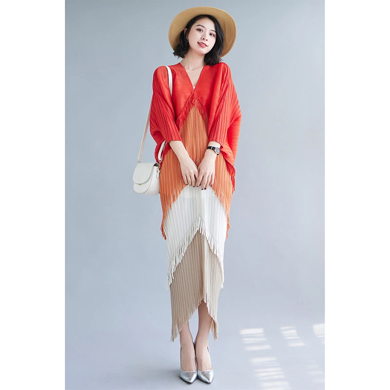 free size african women lady elegant wears big size long fringe dresses contrast color pleated evening dresses