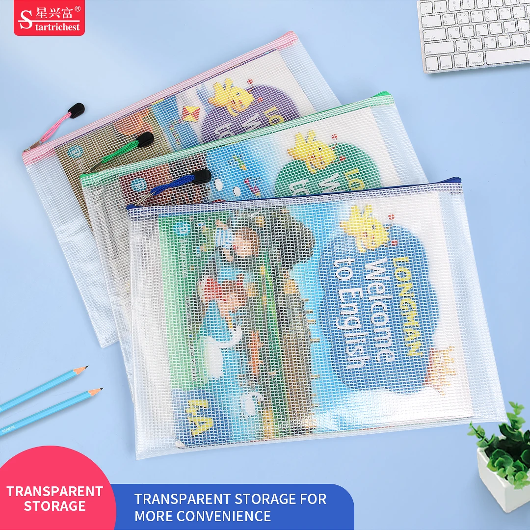 Custom Filing Products A4 Grid Zipper bag Wallets Folders PVC Transparent Mesh Document Bags for File Storage Paper Organization