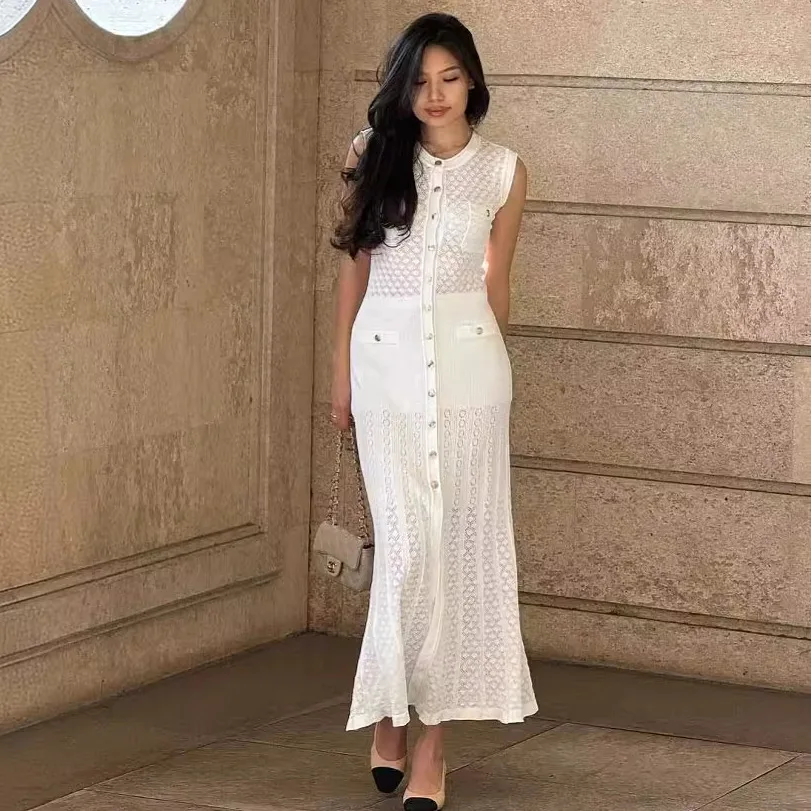 Women Elegant Crew neck Sleeveless Hollow Out Jacquard Knitted Fitting A-line single-breasted Long Sweater Dress