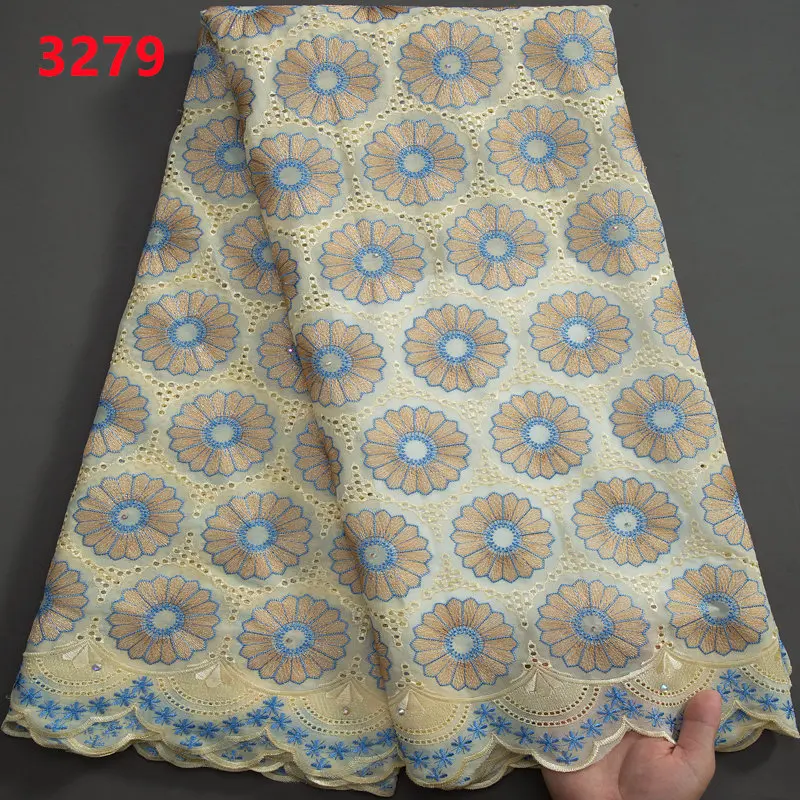3279 Newly  African Cotton Lace Fabric 2023 Swiss Voile Lace Fabric in Switzerland with Stones for Sewing Bridal Wedding Dress