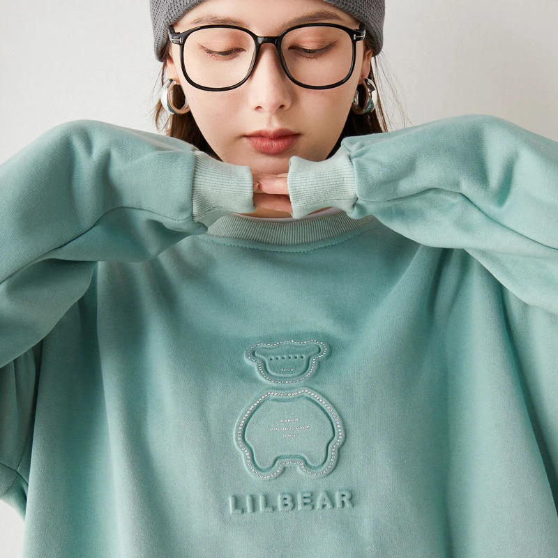 100% cotton 2021 ladies loose round neck bear drop shoulders pullover casual sweater Embossed Hoodie