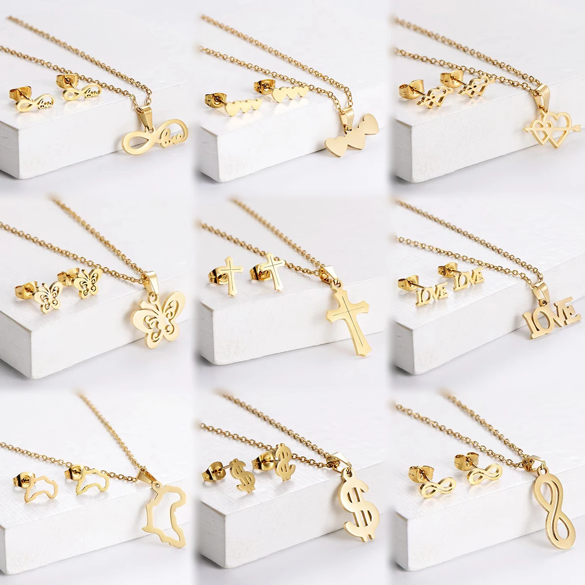 Fashion Jewelry Ins Wind Collar Bone Chain 18k Gold Stainless Steel Heart Butterfly Pendant Necklace And Earrings Set For Gift