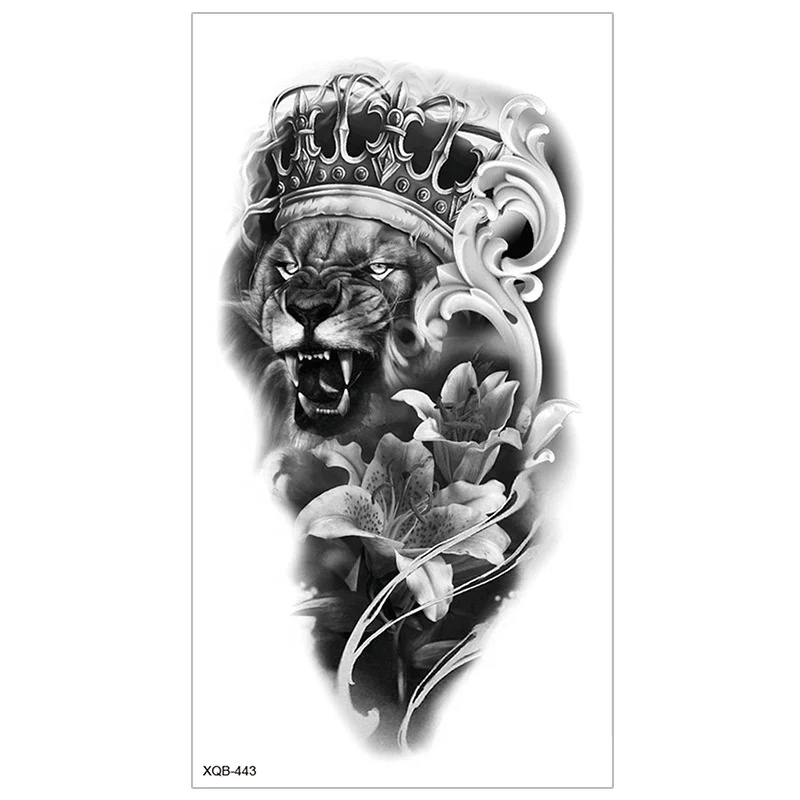 Large Tribal Lion Warrior Tiger Wolf Flower Skull Tattoo Stickers Halloween Black 3D Realistic Tatoo Animals