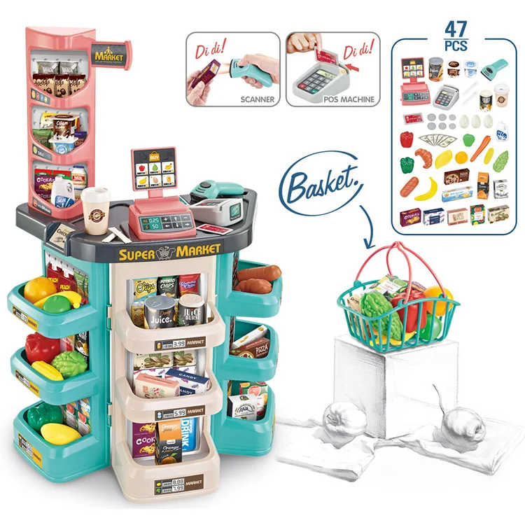 Kids Plastic Pretend Play Toys Set Supermarket Cash Register Toy Shopping Cart
