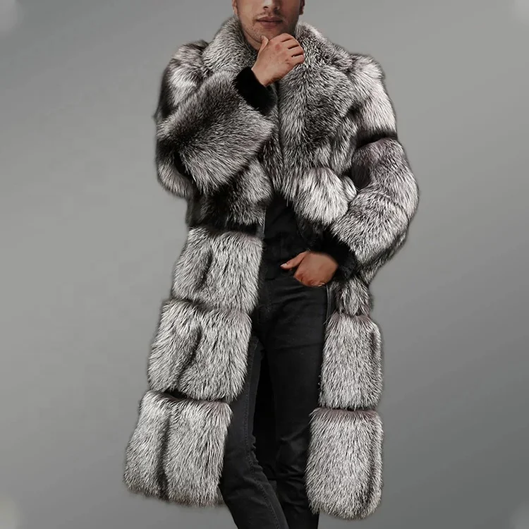 OEM  Winter Warm Custom Artificial Fleece Fur Jacket Thick Mens Faux Fur Long Block Pattern Silver Fox Fur Coat
