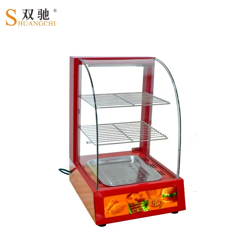 Red color small electric curved warming showcase glass window keep warm food warmer display bakery cake display