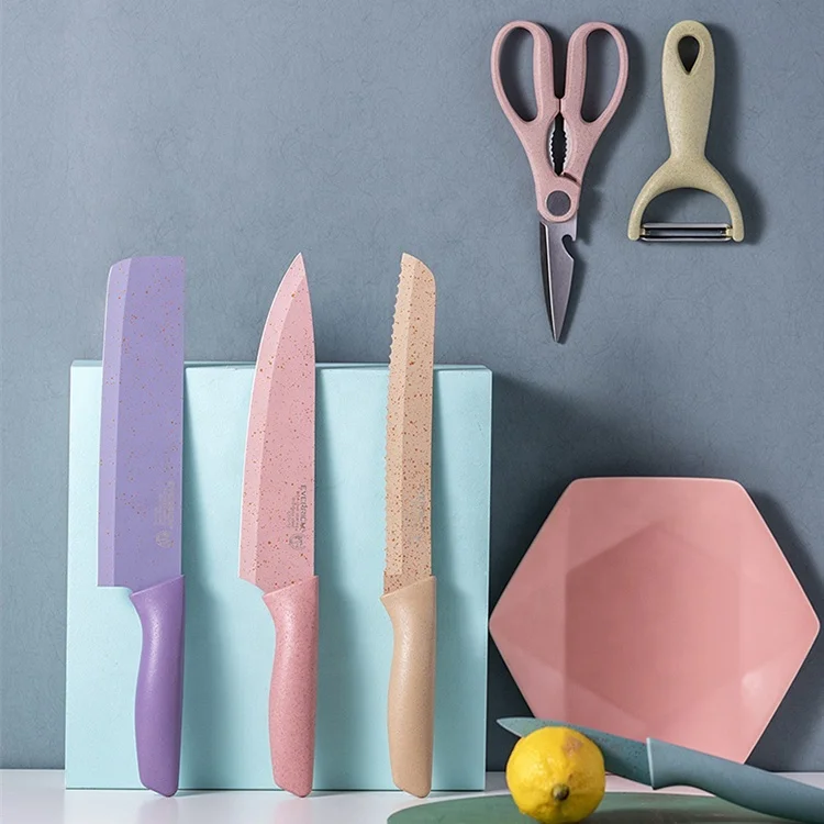 
Hot Sale 6 Pcs Cooking Accessories Kitchen Knife Wheat Coating Colorful Stainless Steel Kitchen Knife Set 