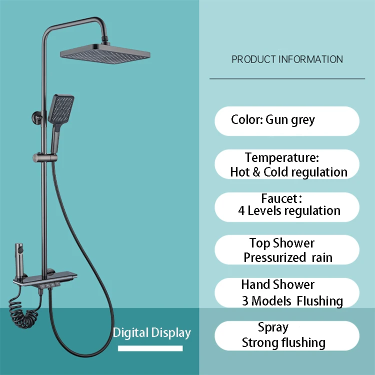 Smart Digital Display Shower Set Gun Gray  Brass Bathroom Piano Keypad 4 Way  Intelligent Shower Faucet System SS-1297