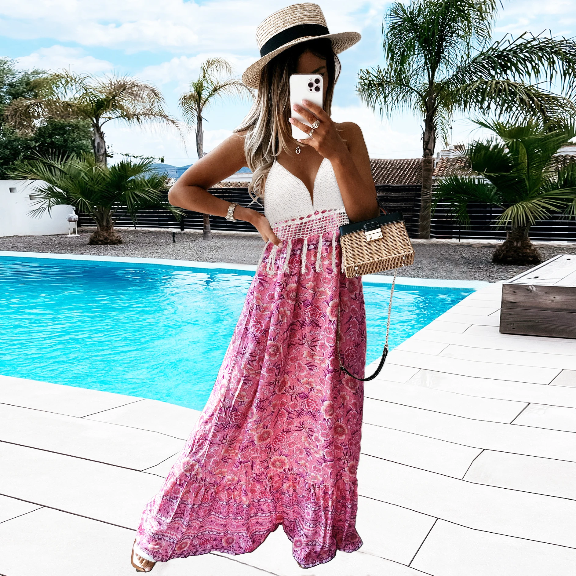 2022 Summer Floral Print Patchwork Crochet Top Bra Sexy Halter Lace Up Backless Beach Bohemian Tassel dress Casual Dresses