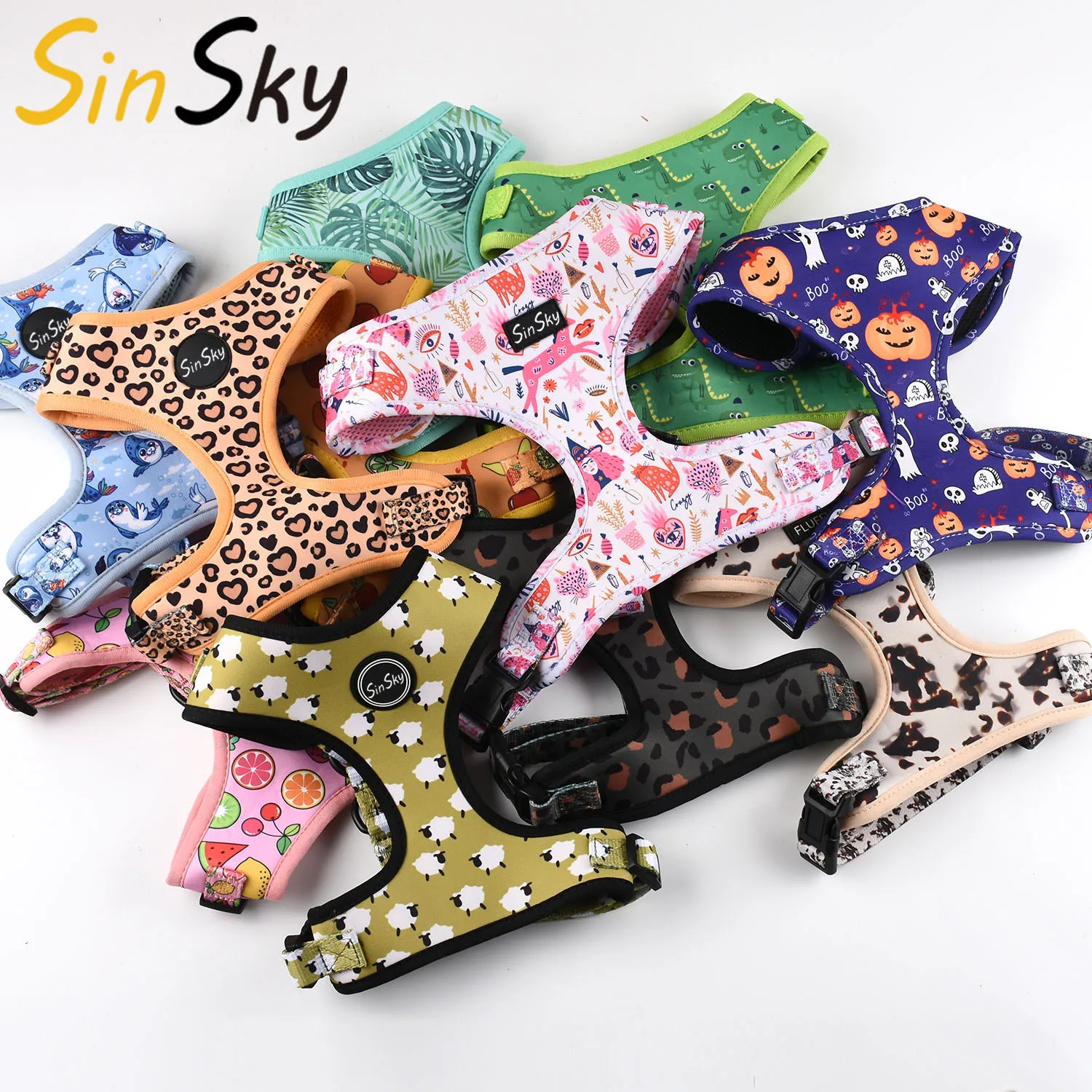 SinSky Made In Pink Leopard Print Training 6-piece Designer Adjustable Dog Harness Custom Luxury Dog Collar Leash Harness Set