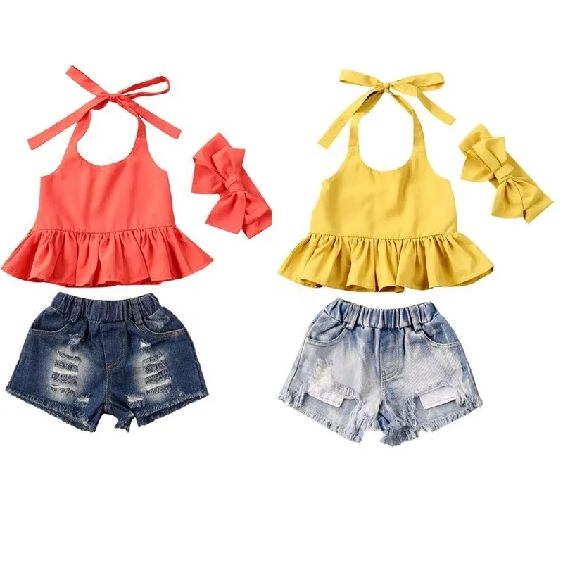 
Toddler Baby Girls Summer Clothes Halter Sling Ruffle Tied Neck Top Broken Hole Denim Shorts Headdress 3Pcs Suits 1-6 Years 