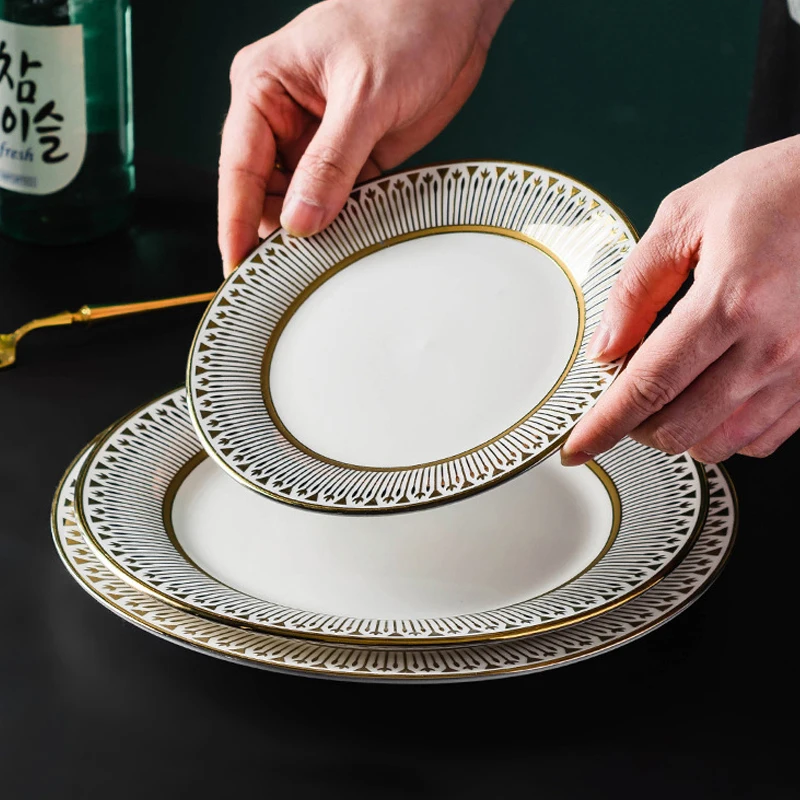 Hotel Restaurant Luxury Dish Set Gold Rim White Ceramic Steak Pasta Plates Food Dinner Plate
