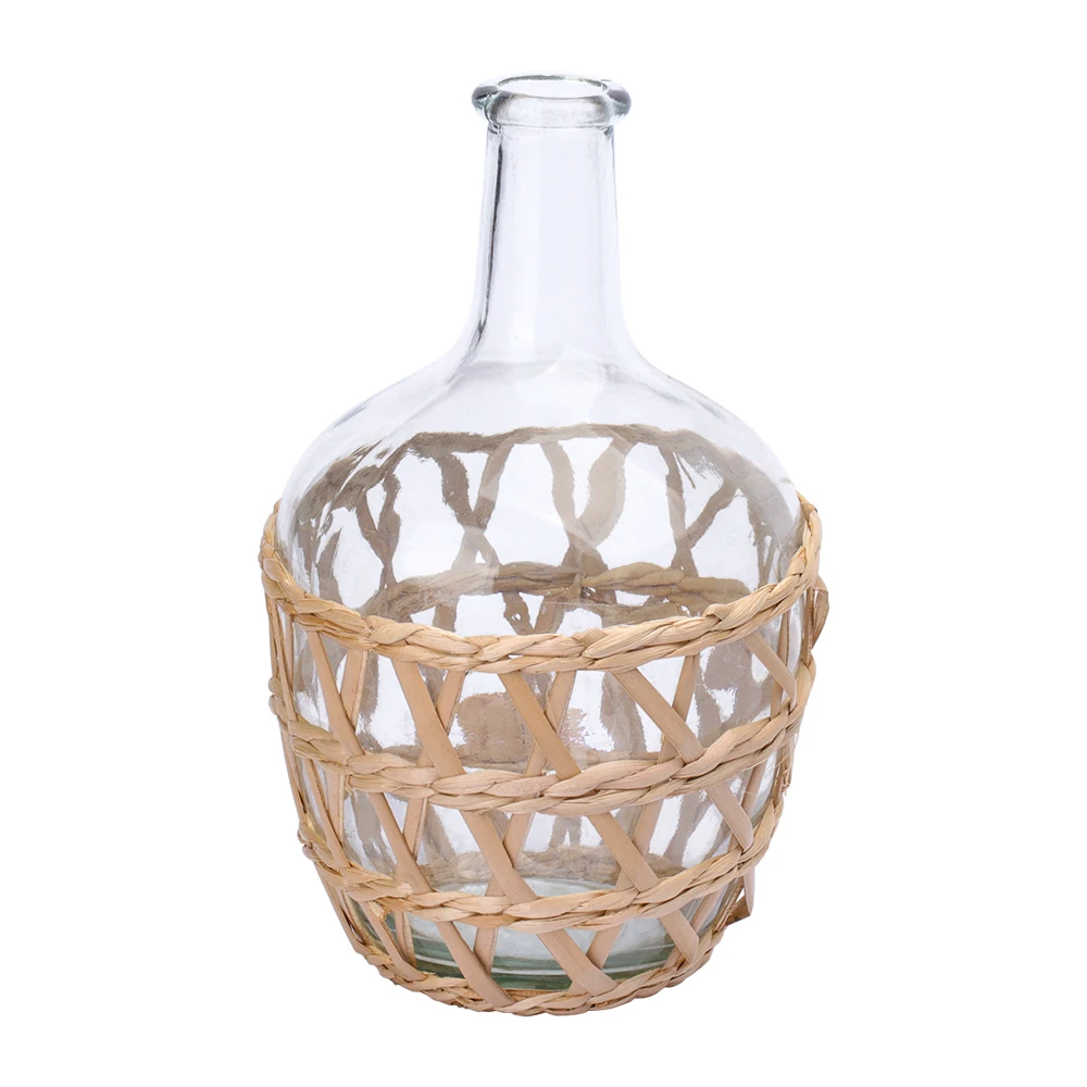 Best Selling Wholesale Country Style Home Decoration Wicker Rattan Holder And Large Glass Bottle Crystal Vase With Straw Woven