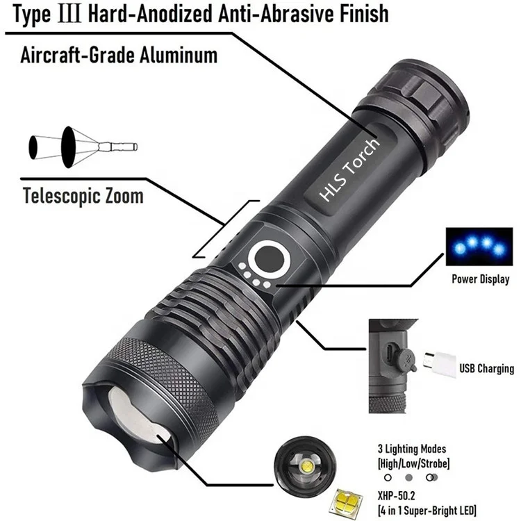 Waterproof 20W XHP50 26650 Battery Powered 2000 lumens Flashlight Torches Rechargeable Led Tactical Flashlight For outdoor