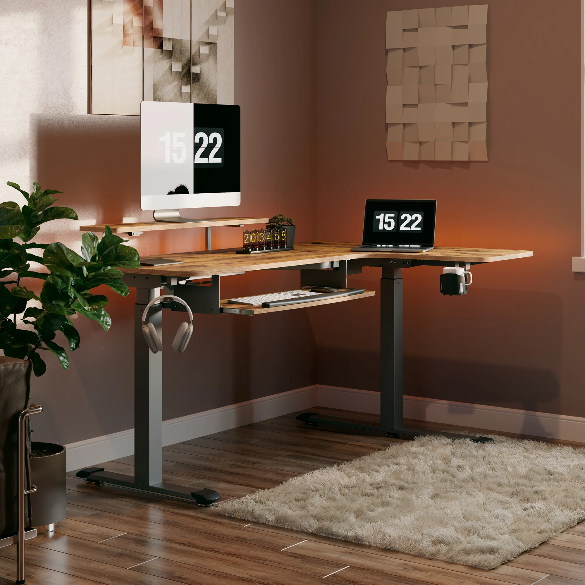 L Shaped Electric Standing Desk with Keyboard Tray, 61 inches Height Adjustable Standing Desk with Monitor Stand, Rustic Brown/R