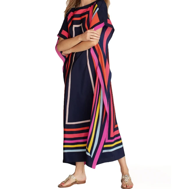Custom Dubai Pakistan India Summer Women O-neck Half Flare Sleeve Print Satin Kaftan Maxi Dress