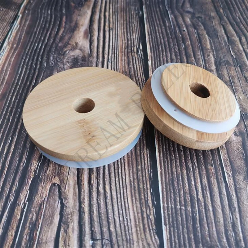 70mm/86mm Friendly Mason Lids Reusable Bamboo Caps Tops with Straw Hole and Silicone Seal for Masons Canning Drinking Jars Top