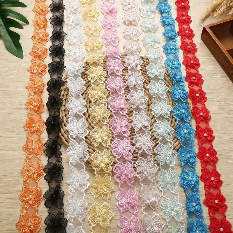 wholesale polyester 3D flower organza beaded lace colorful Embroidery Flower Chantilly Lace Trim for dress clothes decoration