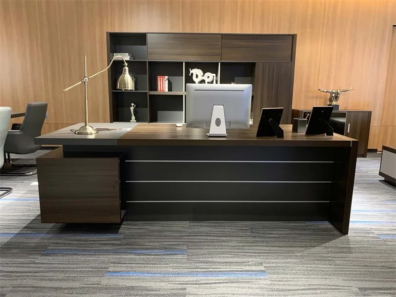 L Shaped CEO Executive Wood Tables Dark Color Furniture Boss Office Desk