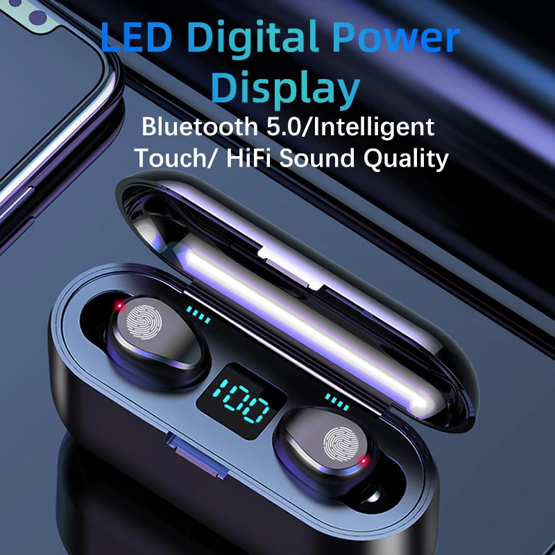 F9 bluetooth earphone power bank TWS Bluetooth headphone LED Display With 2000mah PowerBanks Headset With Microphone